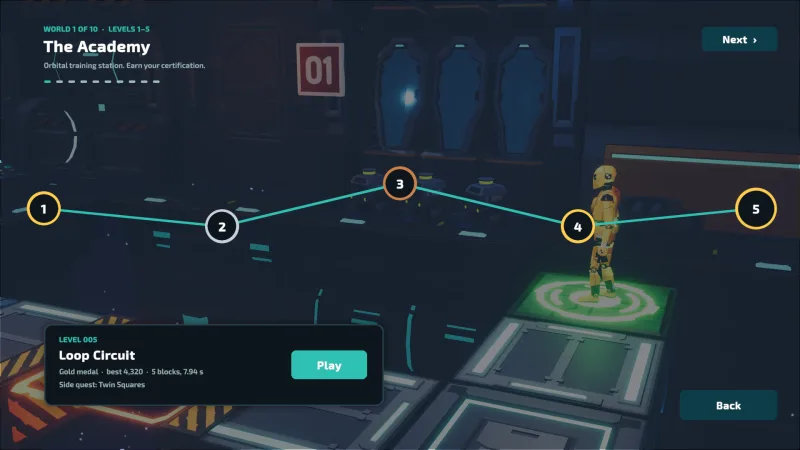 The Academy world map shows course markers, medals, and a best-run card.