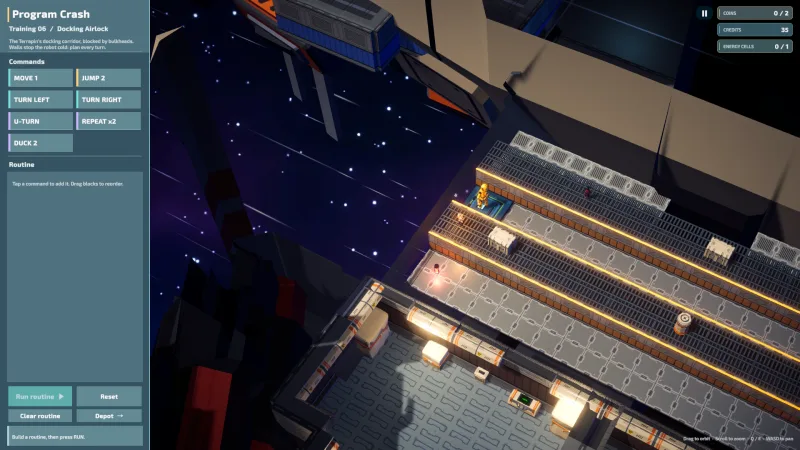 A narrow route twists through the ship’s orange-lit docking airlock.