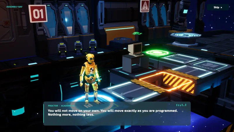 The robot stands on a glowing pad as the opening scene introduces the first training bay.