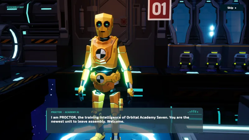 A close view of Crash as PROCTOR welcomes the new trainee to Orbital Academy Seven.
