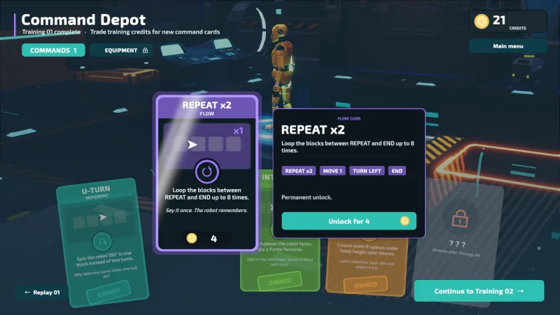 The REPEAT card opens to show its description and an example routine.
