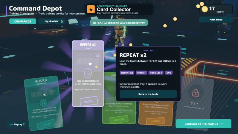 A command purchase lights up the depot with a card flip and a burst of rays.