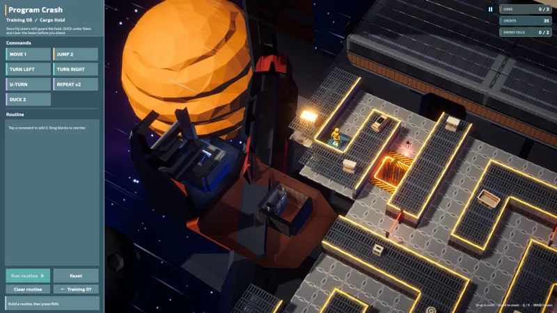 Amber-lit corridors and obstacles fill the ship’s cargo hold.