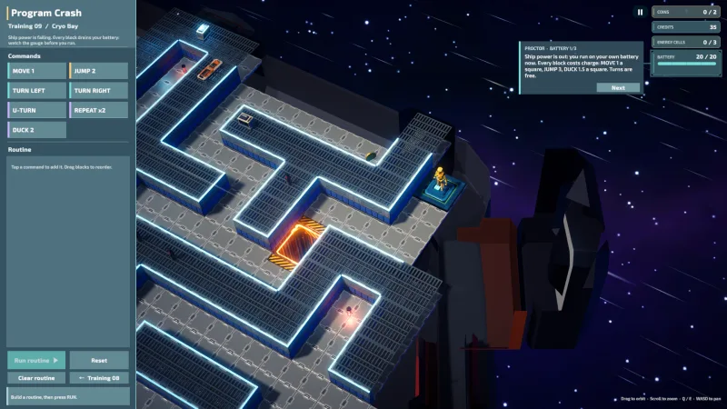 The Cryo Bay introduces battery-aware planning with a visible energy tutorial.