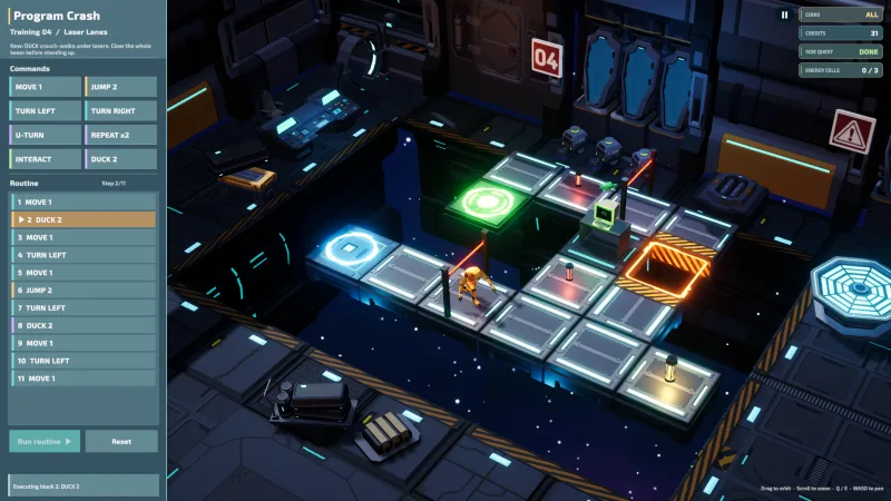 The robot ducks beneath laser tripwires as its routine executes.