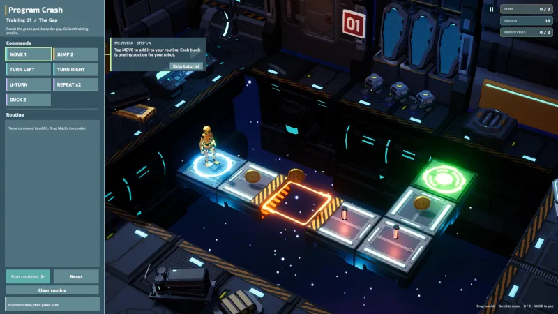 Crash waits on the starting pad while the first movement tutorial introduces the course.