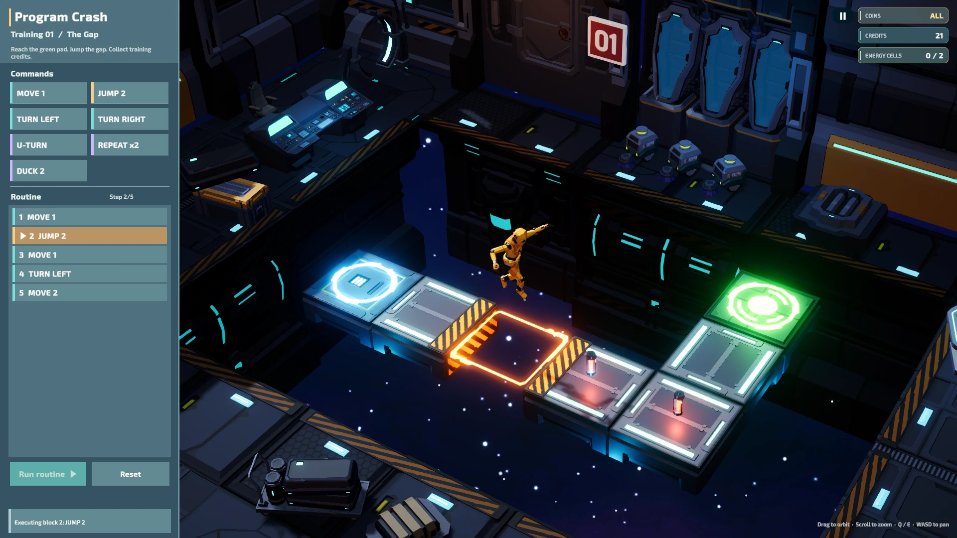 A golden robot leaps over a glowing gap in a futuristic orbital training bay