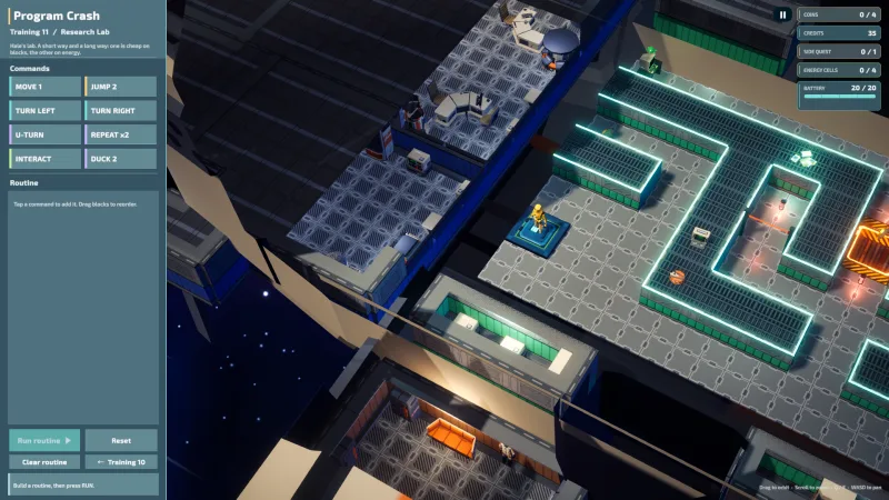 A teal-lit course passes through the ship’s research compartment.
