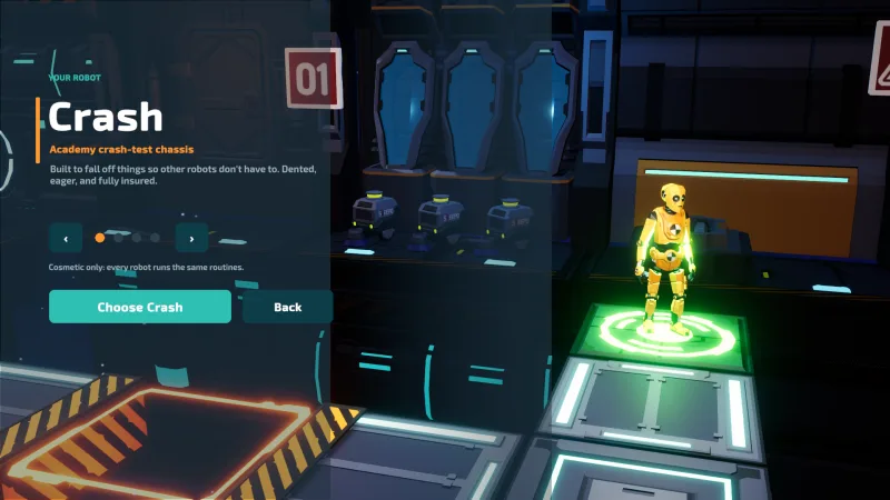 Crash stands on the selection pad beside the robot selection controls.